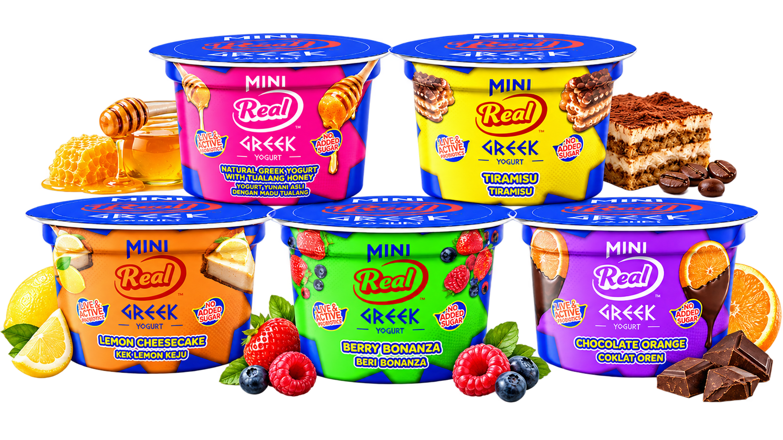 The five Mini Real Greek Yogurt flavours: Tualang Honey, Tiramisu, Lemon Cheesecake, Berry Bonanza and Chocolate Orange