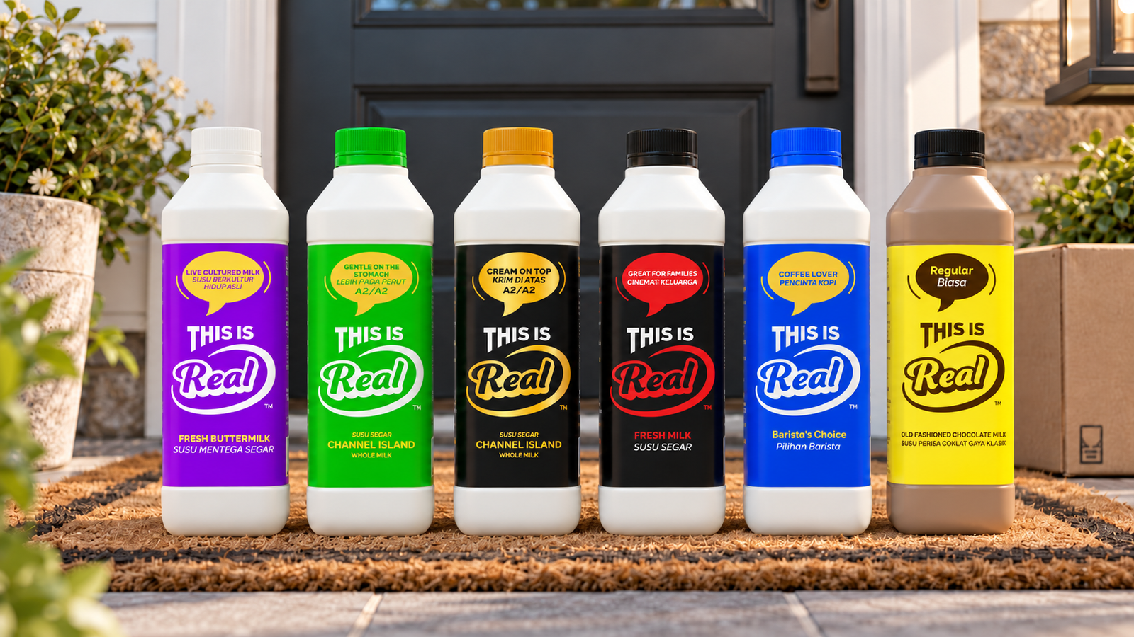 Real milk bottles on a cozy doorstep