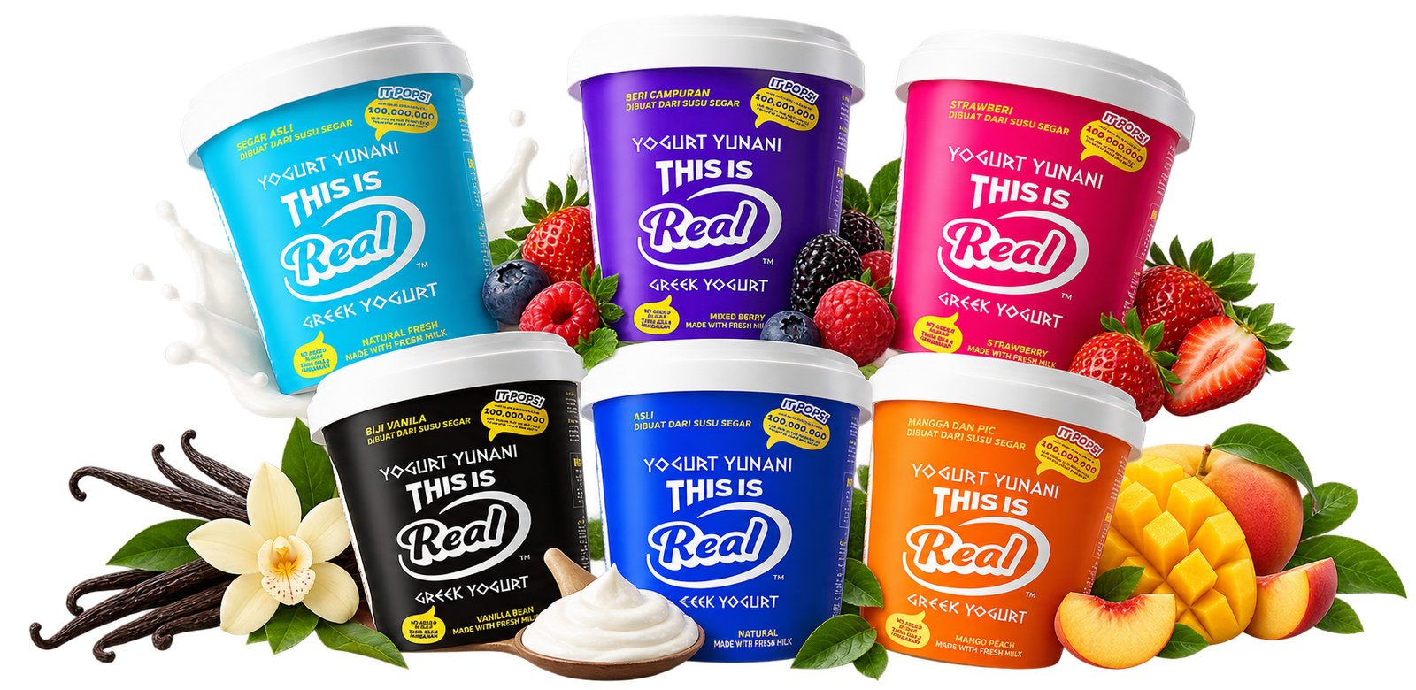 Six Real yogurt flavours: Mixed Berries, Strawberry, Natural Fresh Yogurt, Vanilla Bean, Natural Greek Yogurt and Mango Peach