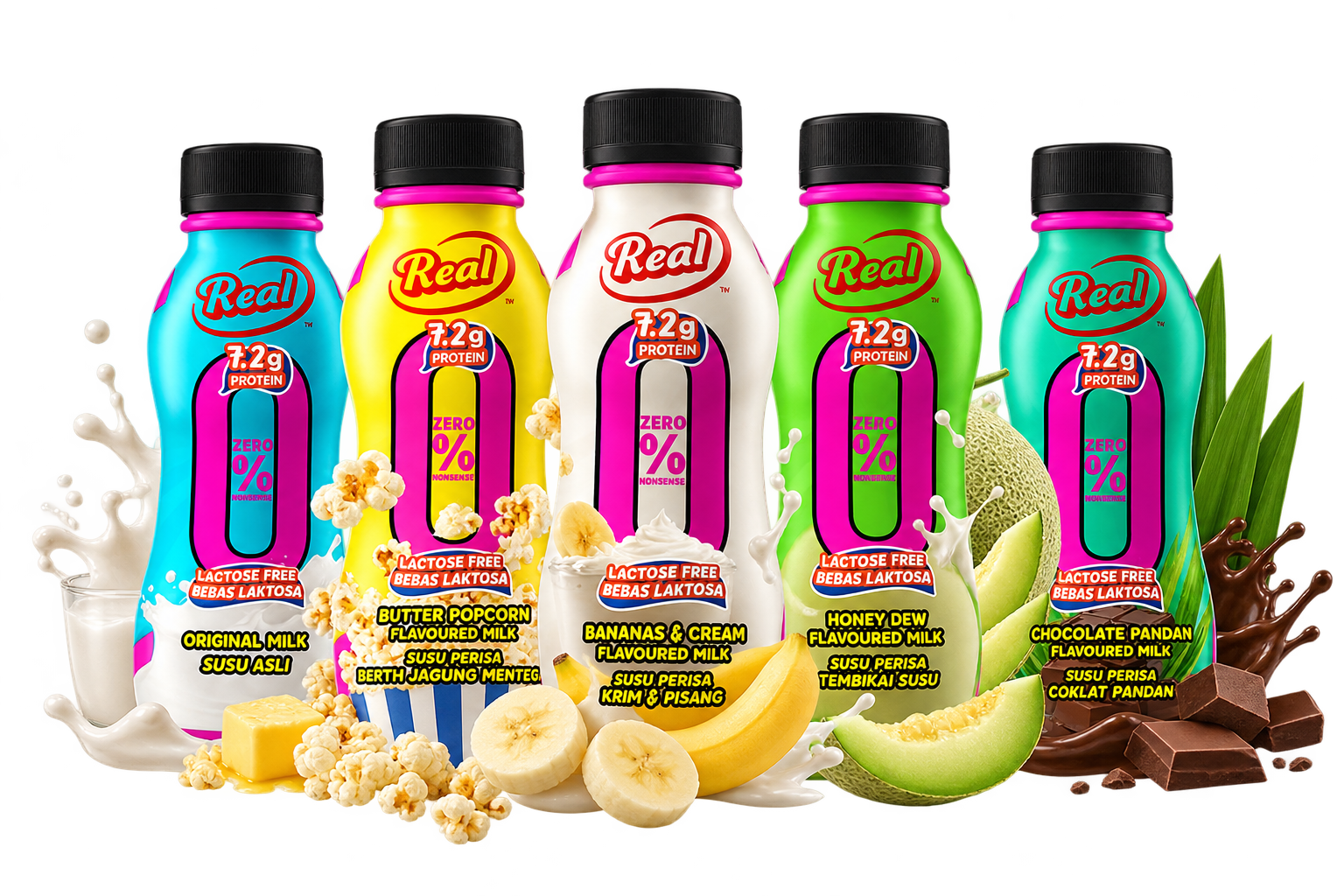 Real Lactose Free milk in five flavours: Original, Butter Popcorn, Bananas & Cream, Honey Dew and Chocolate Pandan